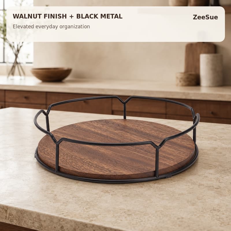 Wooden Lazy Susan Turntable With Metal Guard Rail